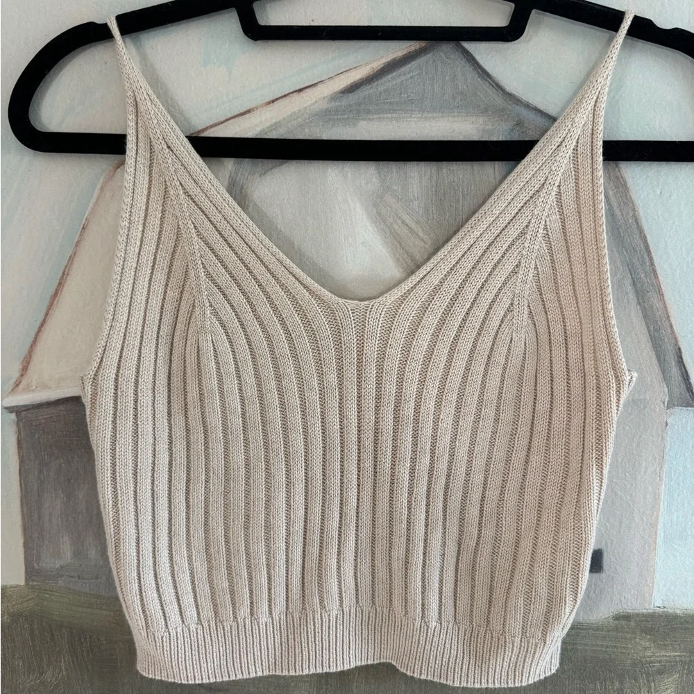 Women’s V Neck Sleeveless Ribbed Knit Crop Cami Tank Bodycon Cream O/S - Picture 5 of 9